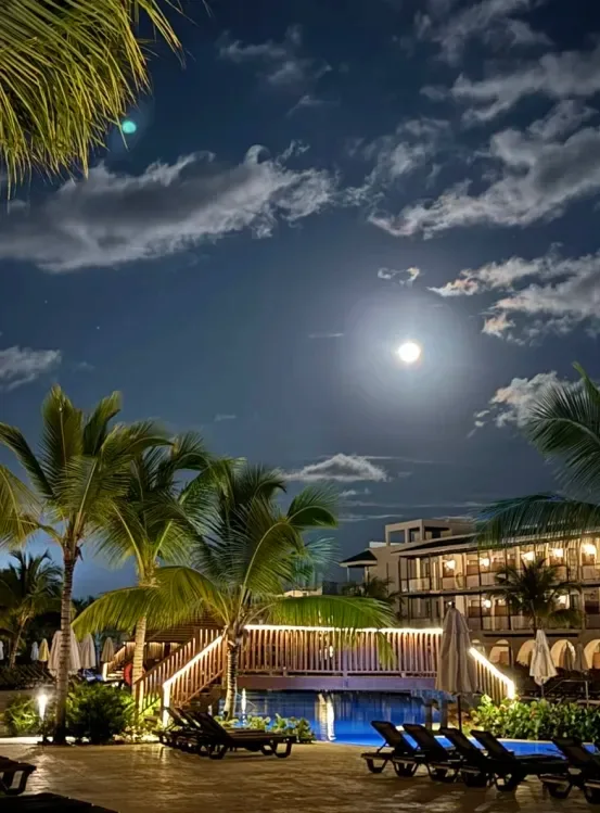 A tropical all-inclusive resort at night with illuminated architecture, palm trees, and a blue-lit pool under moonlight — Suncoast Travel Caribbean all-inclusive resorts